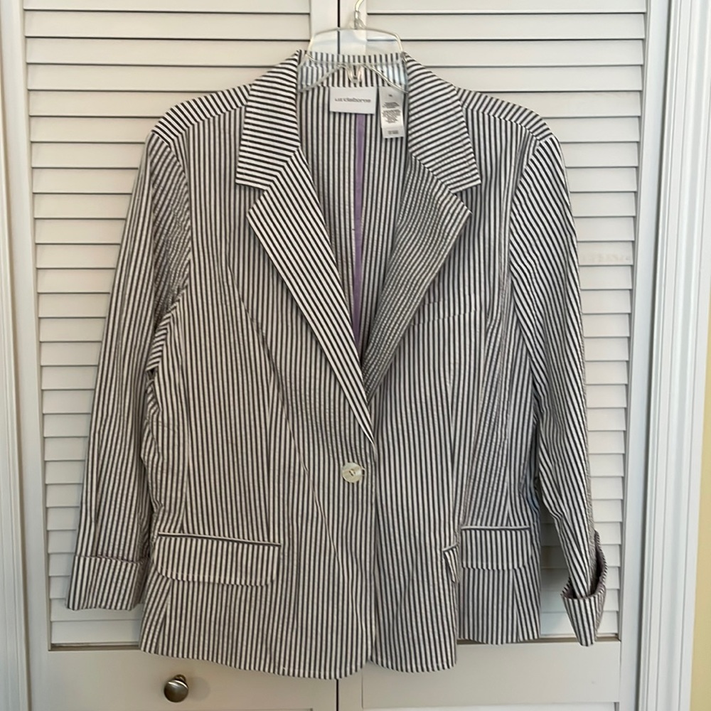 Liz Clairborne, grey and white striped seersucker suit
